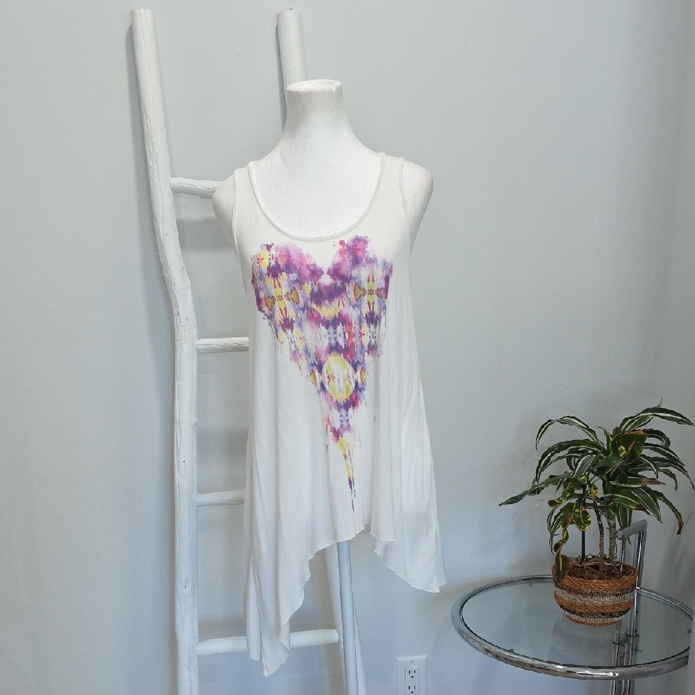 White Sleeveless Tank with Purple Tie-Dye Heart Print